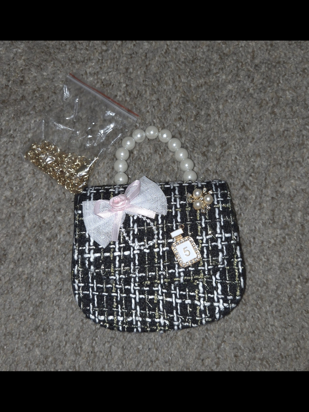 Kids Pearl-Handle Tweed Mini Handbag with Bow and Charm